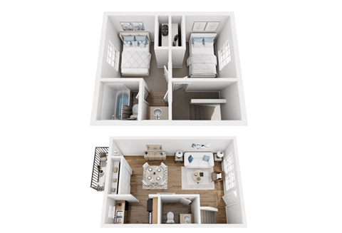 A top-down view of a small apartment with two bedrooms and a living area.